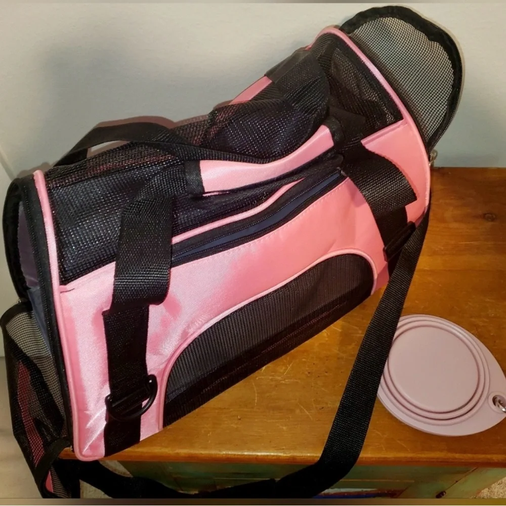 Collapsible Pink Travel Pet Carrier & Bowl Set